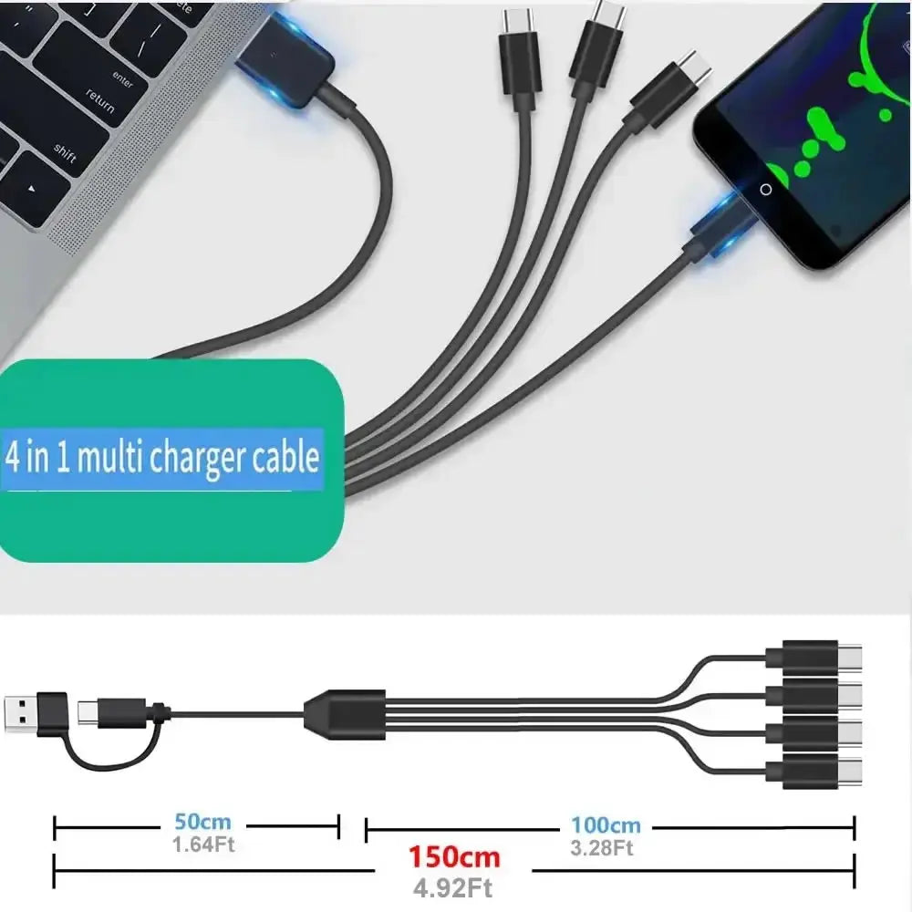 USB C Splitter Multi Charging Cable,USB A/C to Type C Charging Cord, with 4 Type-C Connectors for Cell Phones Tablets and More
